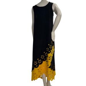 Artisan Black Yellow Laser Cut Floral Scallop Hem Sleeveless Shift Maxi Dress L